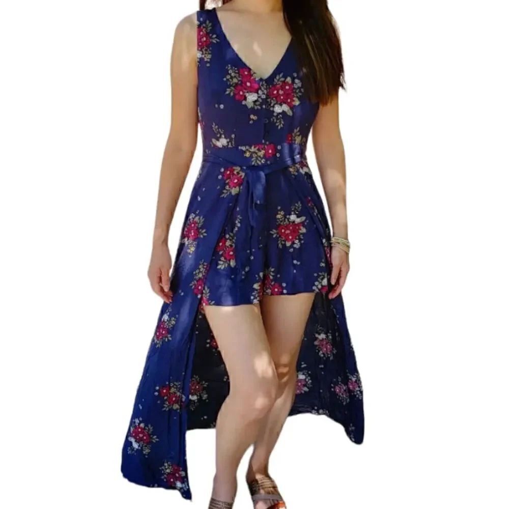 Hem & Thread | Blue Floral Maxi Shorts Romper Open Back | NWT | M